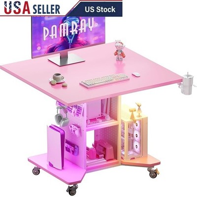 Compact Gaming Desk W/ LED Lights & Power Outlet Mobile Design Storage Solution