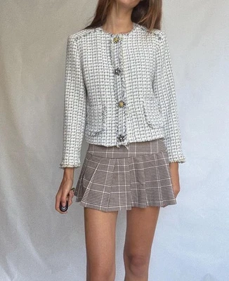 BNWT ZARA ECRU YELLOW NAVY TWEED FRINGE JACKET WITH GEM BUTTONS - SIZE S - Image 1 of 4