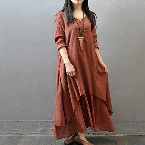 Women Casual Kaftan Tunic Gypsy Maxi Dress Boho Cotton Linen Long Sleeve Dress G - Picture 12 of 18