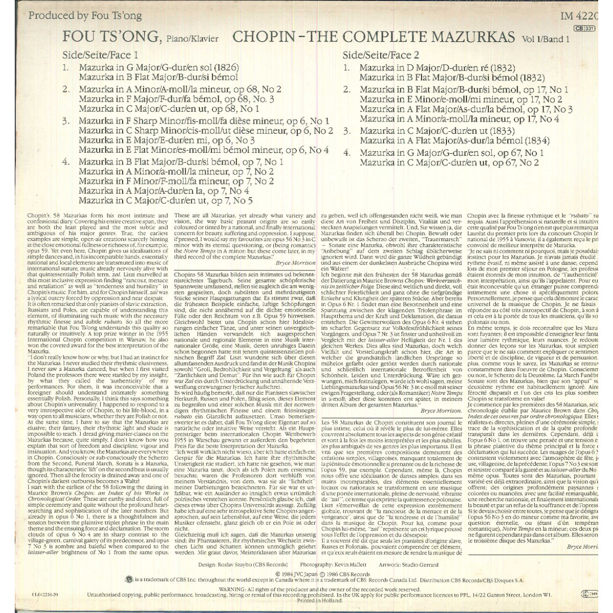 蘭LP Fou Tsong Chopin, The Complete Mazurkas Vol 1 / Band 1 IM42208 CBS MASTERWORKS /00260 Chopin, Fou Ts'ong – Chopin - The Complete Mazurkas Vol 1