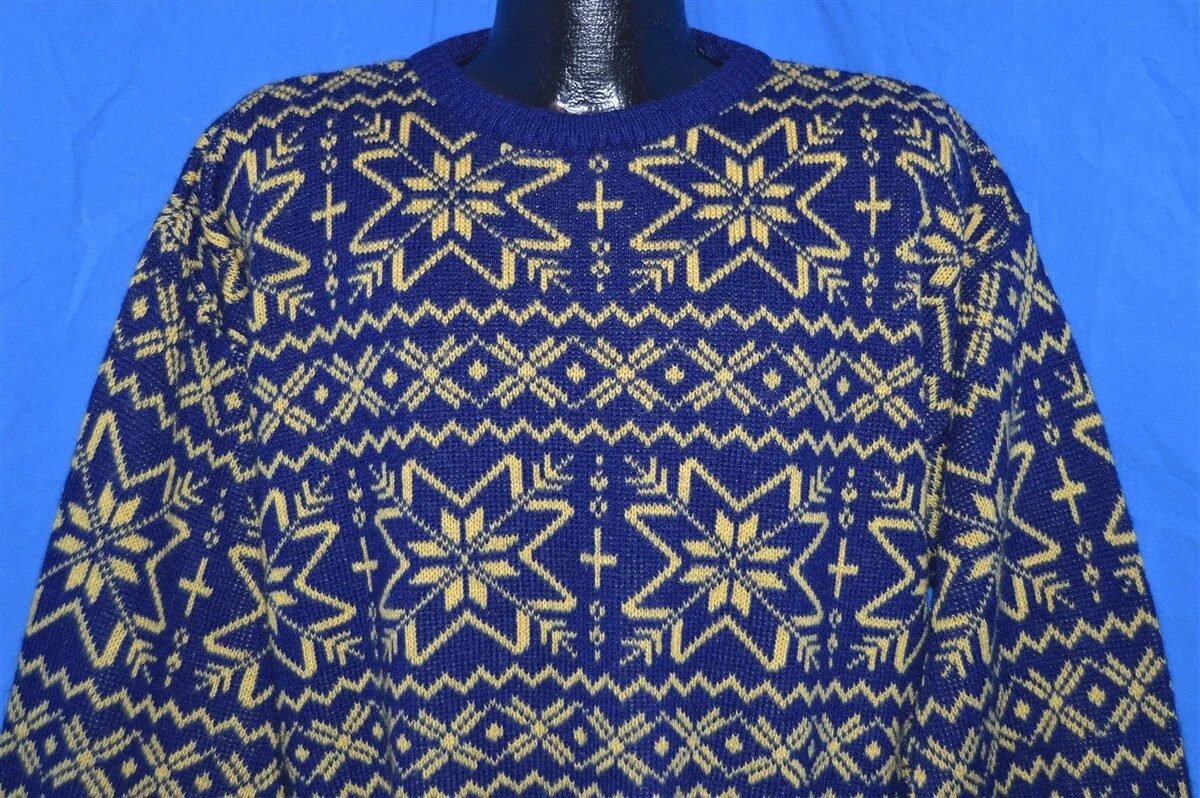 vintage 80s BLUE YELLOW SNOWFLAKE SKI SKIING ACRYLIC KNIT SWEATER LARGE L