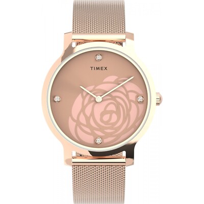 New Ladies Timex Transcend Rose Gold Rose Crystal Dial Mesh
