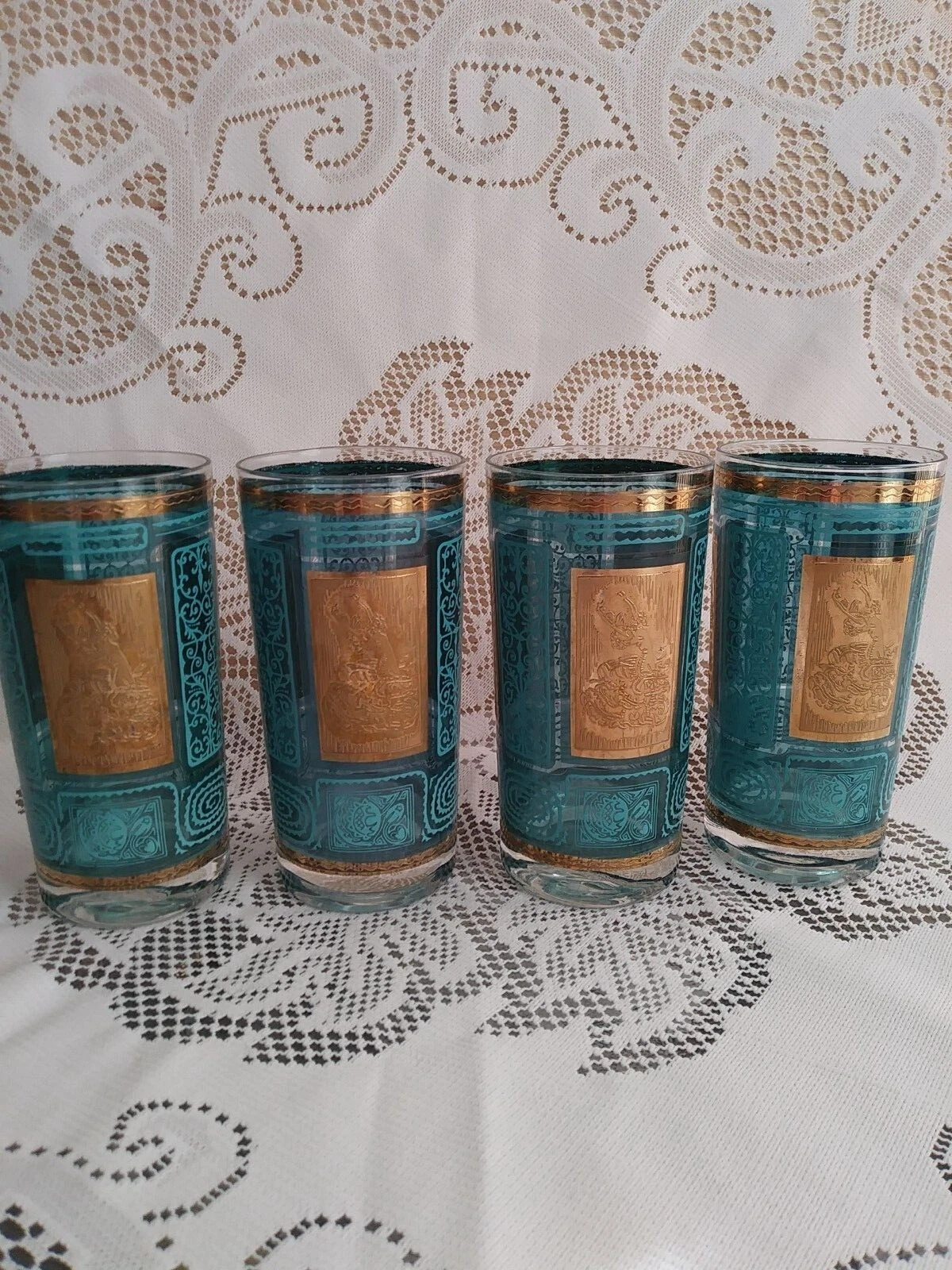 Vintage 22 k gold and turquoise blue  mid century aztec design 4 tumbler glasses