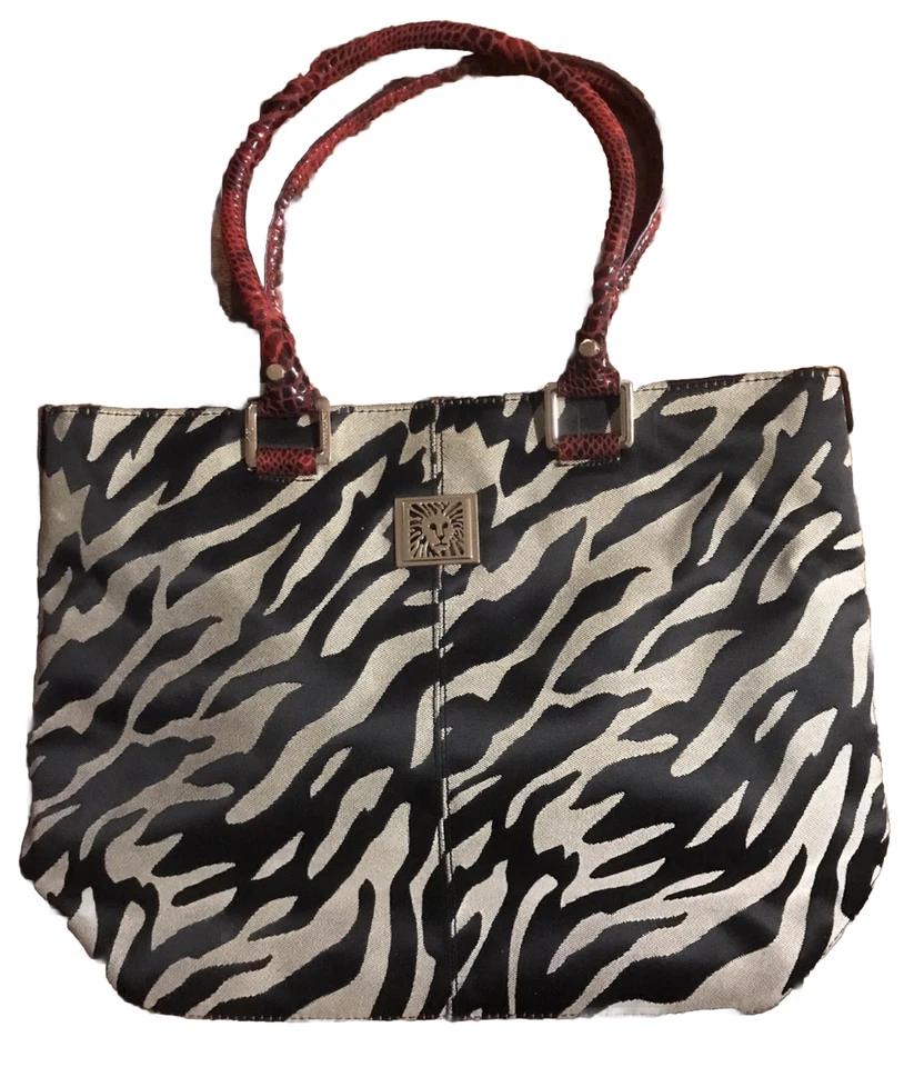 Anne Klein Zebra Print Tote Handbag 13”x17”x5” Red Alligator Faux Trim Unused