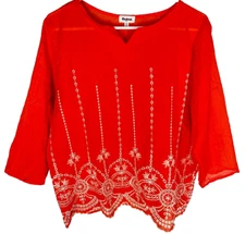 Kindred Anthropologie Top Womens Peasant Embroidered Red Floral Boho Tunic PXL