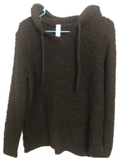 GREEN TEA Women's Black Sweater Long Sleeve Popcorn Fuzzy Knit Hooded Small