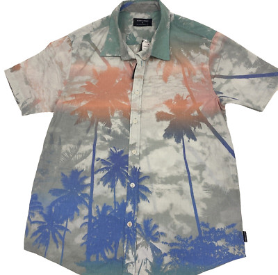 Ocean Current Mens M Short Sleeve Button front shirt palm trees sky beach scene
