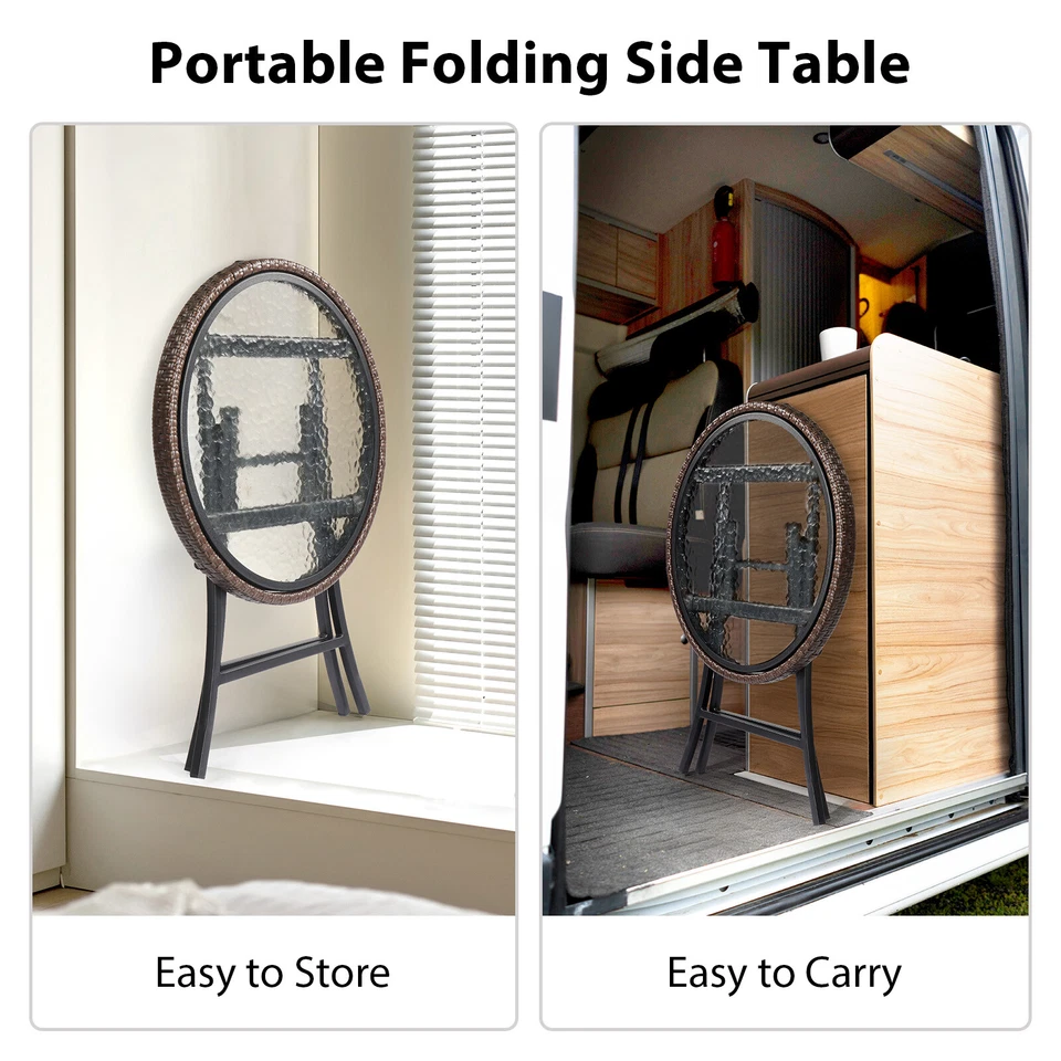 Mesa auxiliar redonda de ratán mesa plegable de mimbre con mesa de vidrio templado Foto 4 de 4