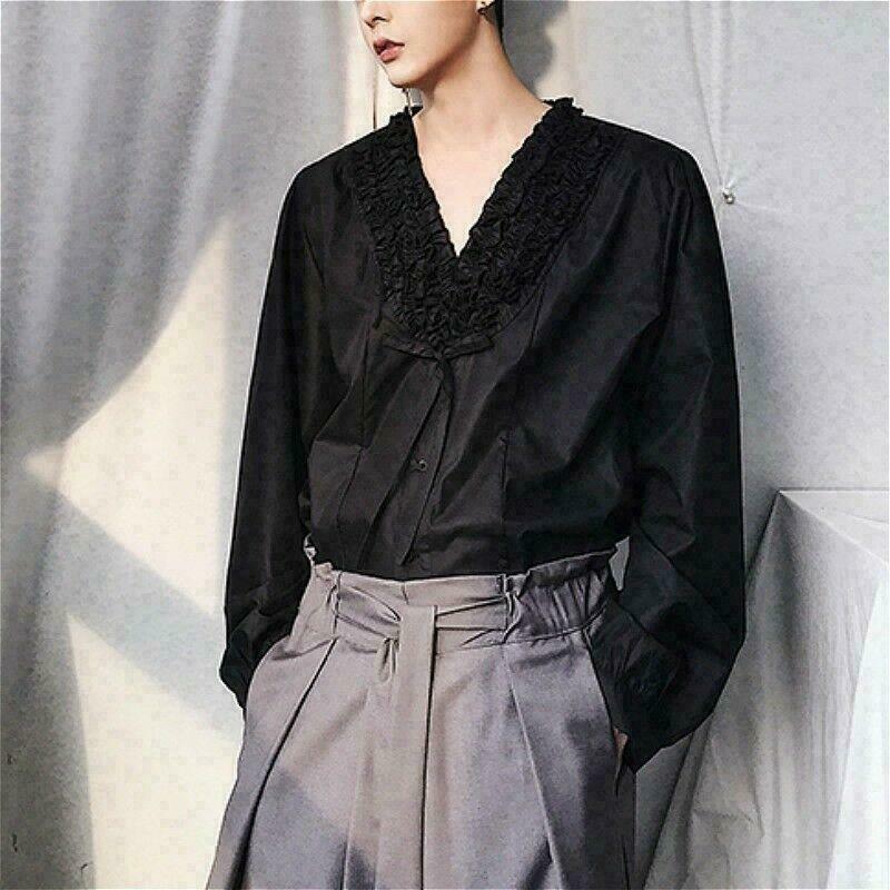 Men Gothic Shirts Tops Victorian Ruffle V-neck Cotton Punk Men Gothic Shirts Tops Victorian Ruffle V-neck Cotton Punk