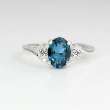 Natural London Blue Topaz and White Sapphire Ring Sterling Silver 925 / Oval-Cut