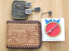 VINTAGE LOT FISHING THEME BRASS BUCKLE CUFFLINK SET 2 LAPEL PINS CRAFTED WALLET