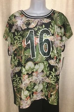 PLUS MODA Womens Size 2X Black Green Tropical Sheer Football Jersey *BLING* Top