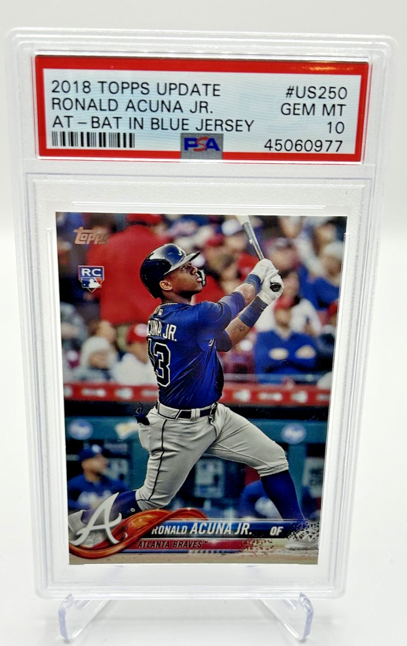 2018 Topps Update Ronald Acuna Jr. #US250 At-Bat In Blue Jersey PSA 10 view 1