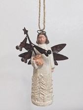 Primitive Resin Angel Ornament Holding A Metal Christmas Tree