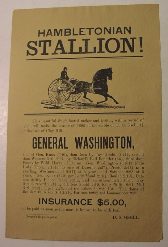 1895 handbill for stud service- trotting stallion out of Hambletonian; Clay Hill