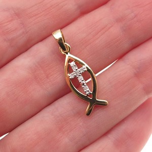 Authentic 925 Sterling Silver Gold Plated Real Diamond Cross Ichthys Mini Charm Pendant