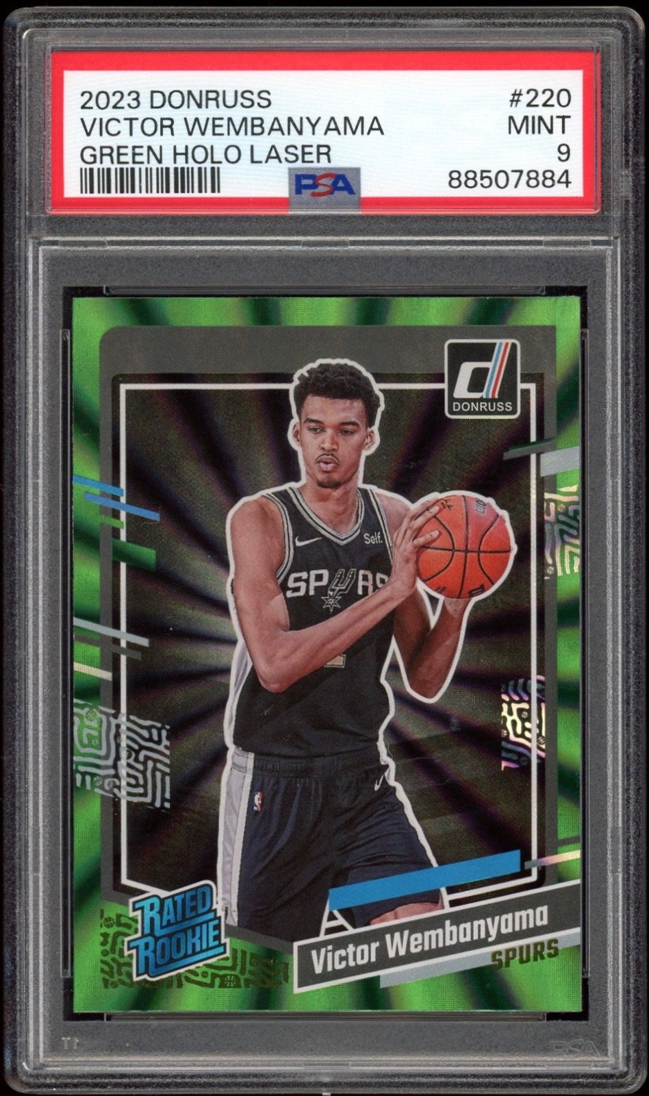 2023 Donruss #220 VICTOR WEMBANYAMA Holo Green Laser Rated Rookie RC PSA 9 MINT
