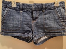 Aeropostale Women's Utility Denim Shorts Blue Belted Pockets Logo Trendy -00761