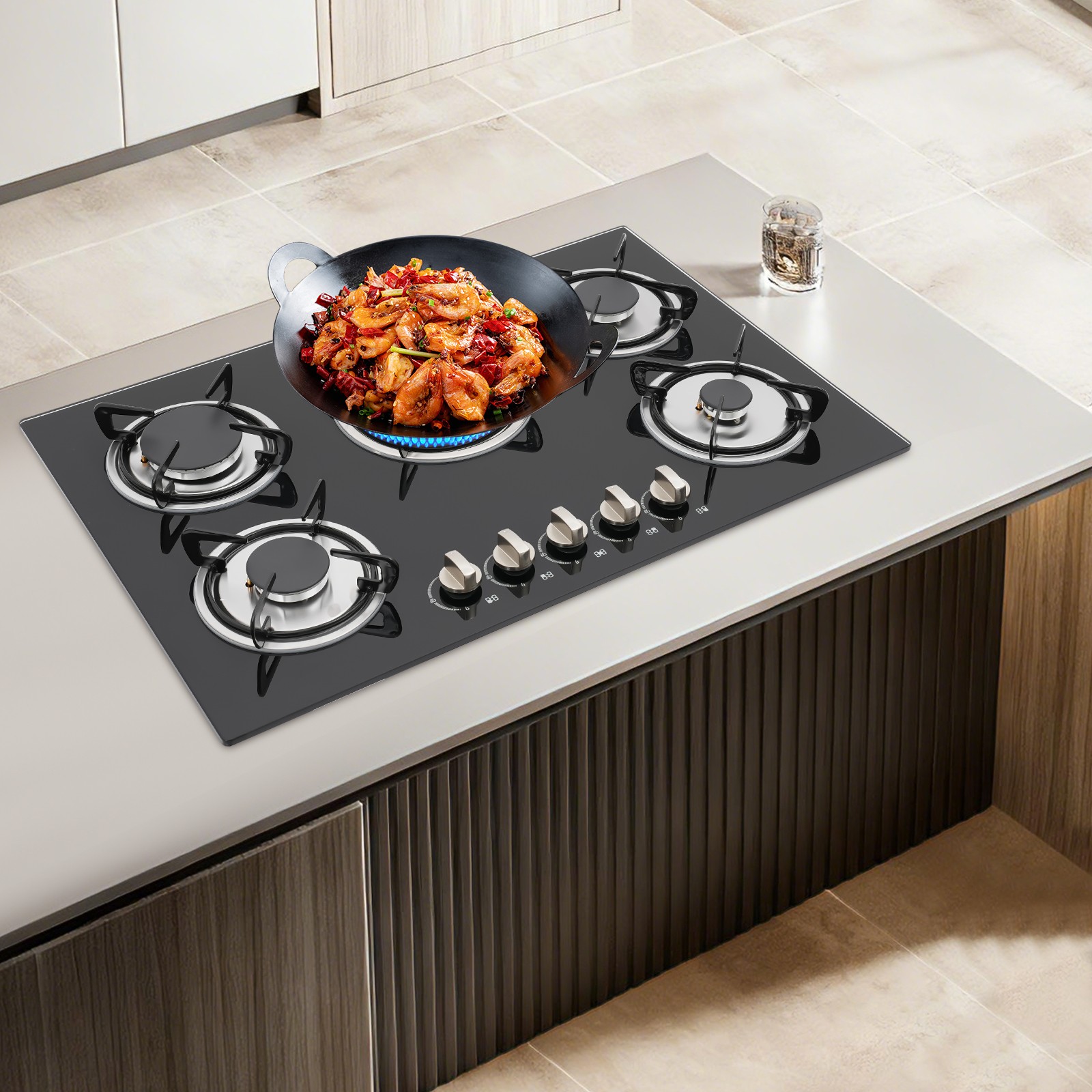 30Inch Built-in 5 Burner Cooktop Stove LPG/NG Gas Hob Countertop Tempered Glass