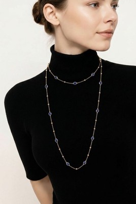 $34.50 Loft  minimalism gold Tone 36'' station necklace bezel-set blue Stones C69