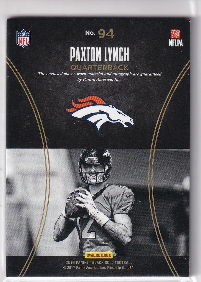 PAXTON LYNCH 2016 Panini Black Gold Sizeable Signatures Jsy Auto 91/225 Broncos - Image 2 of 2