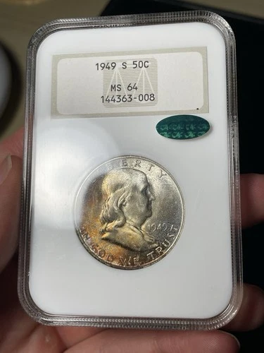 1949-S NGC MS64 CAC Franklin Half Dollar Toned Old Fatty Holder