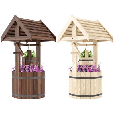 Outsunny Wishing Well Planter with Bucket, Wooden Wishing Well