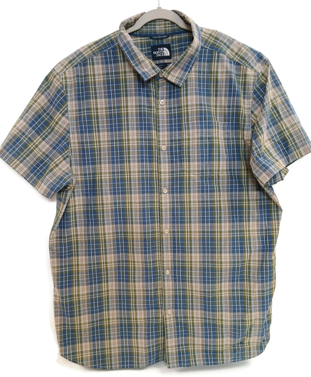 The North Face Shirt Mens 2XL Blue Green Plaid Short Sleeve Button Down Hiking