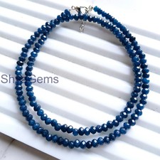 Dark Blue Sapphire Beaded Necklace, 4mm Faceted Rondelle Bead,