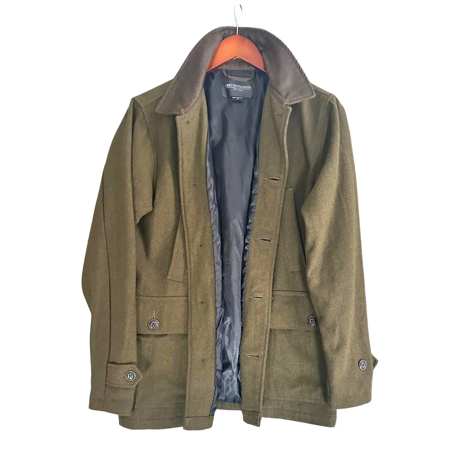 Obey Propaganda Wool Blend Field Jacket Mens Medium Olive Green Utility Coat - product detail image 6