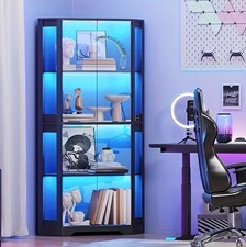 Modern Lighted Corner Curio Cabinet Glass Doors LED Display Shelves Space Saving