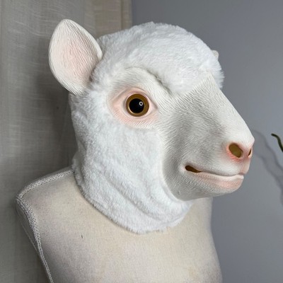 Furry White Sheep Mask Realistic Faux Fur Latex Costume Halloween Adult One Size