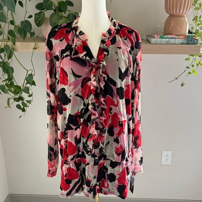 INC Woman Floral Ruffle Long Sleeve Blouse 2X Red Black Fall Office Workwear