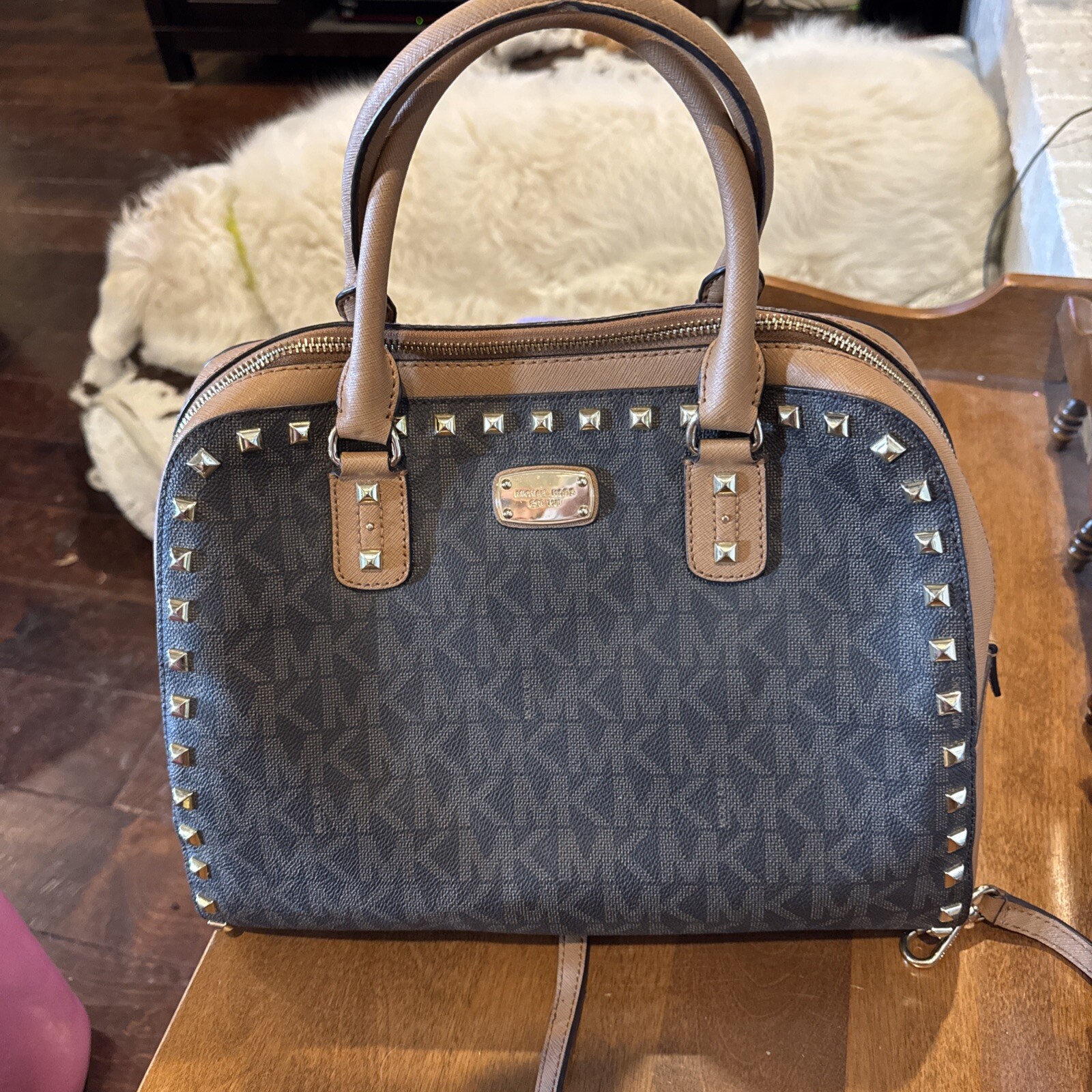 Michael Kors Black Saffiano Leather Studded Sandrine Medium Satchel