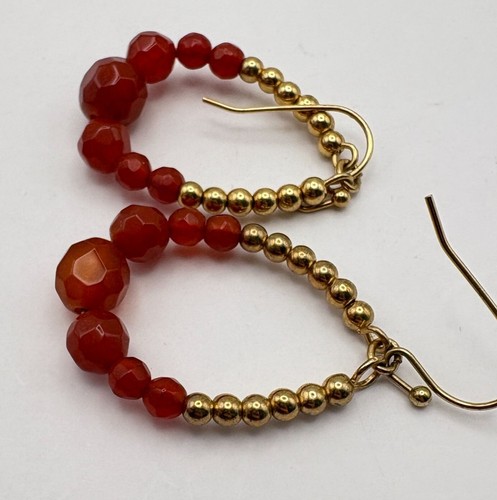 Reddish Orange Bead Earrings Dangle Drop Gold Tone Faceted Boho - Picture 5 of 6