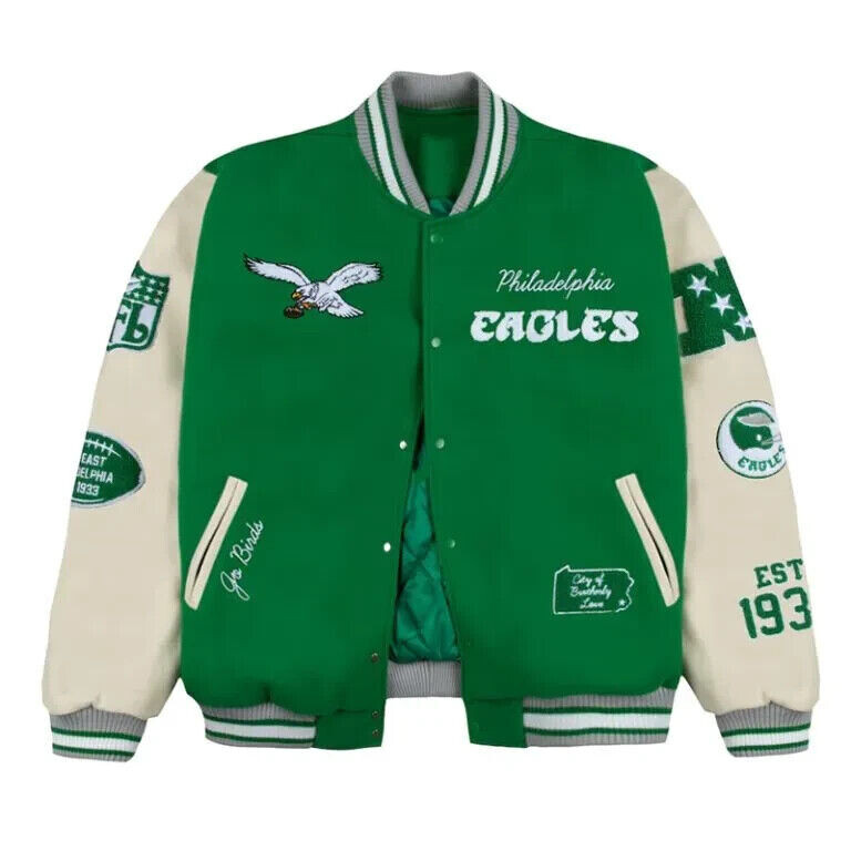 Philadelphia Eagles Kelly Green Go Birds Golf Wang Varsity Jacket Off White