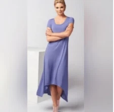 H by Halston SZ Small Maxi Dress Hi-Low Hem Purple Short Sleeves Soft Lagenlook