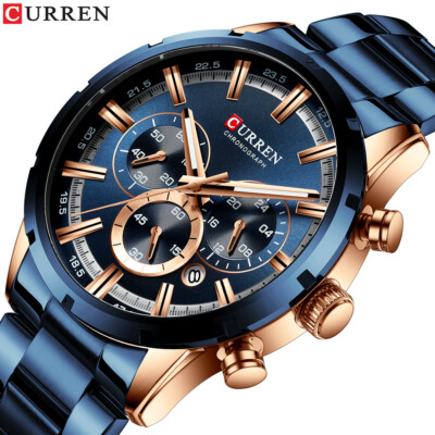 CURREN Sports Quartz Mens Watches Full Steel Waterproof Chronograph Wristwatch