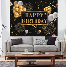 7X5Ft Black Gold Happy Birthday Backdrop Banner for 30Th-80Th Party Photo Booth