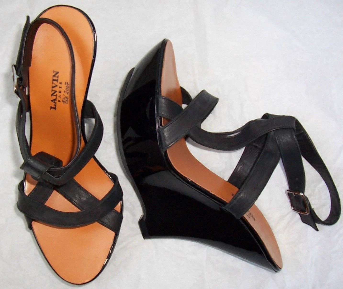 Lanvin — LANVIN Vintage Black Leather Patent Platform Wedge Sandals Shoes 37  7  S/S 2007