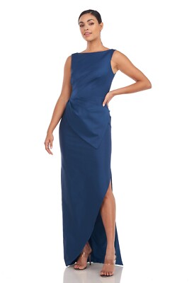 KAY UNGER Ink Teal Felix Pleated 3D Bow Asymmetric Faille Column Maxi Gown 14 US