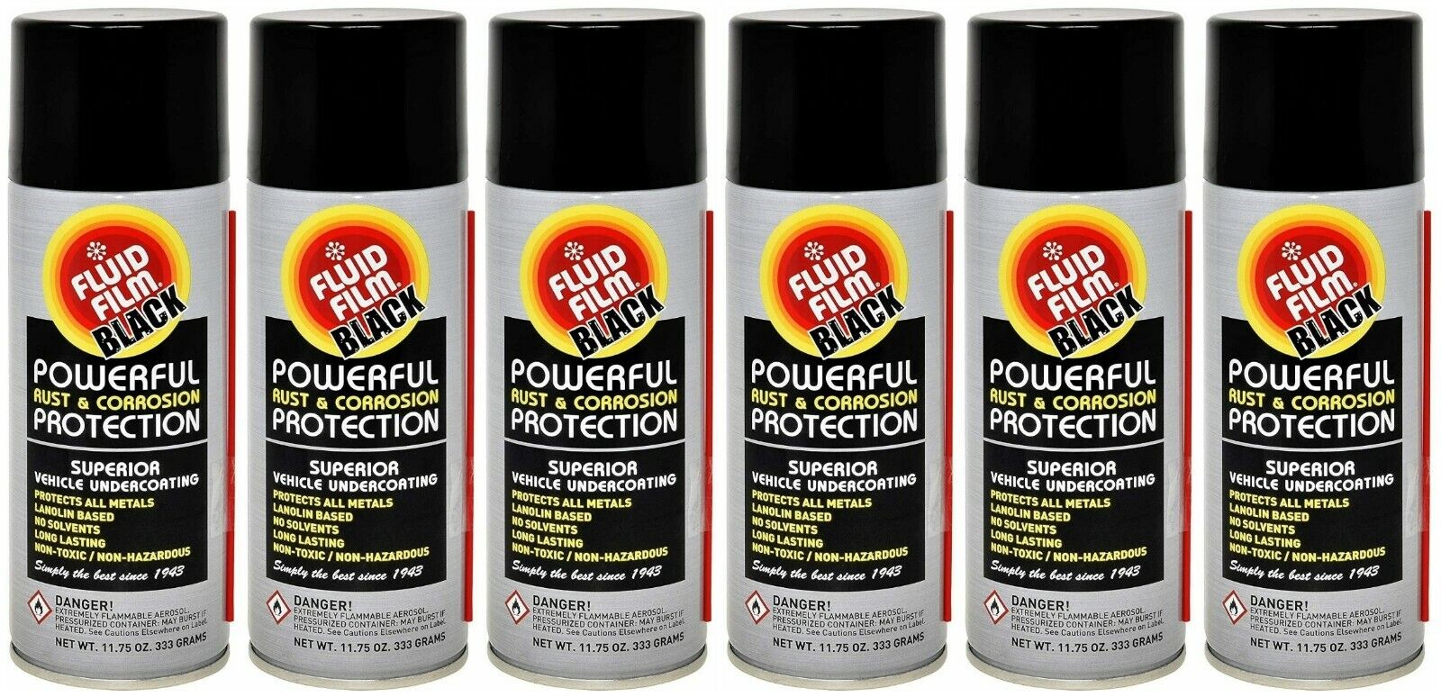 Fluid Film AS11B Undercoating Protection Rust Inhibitor Spray Can Black, 6 Pack
