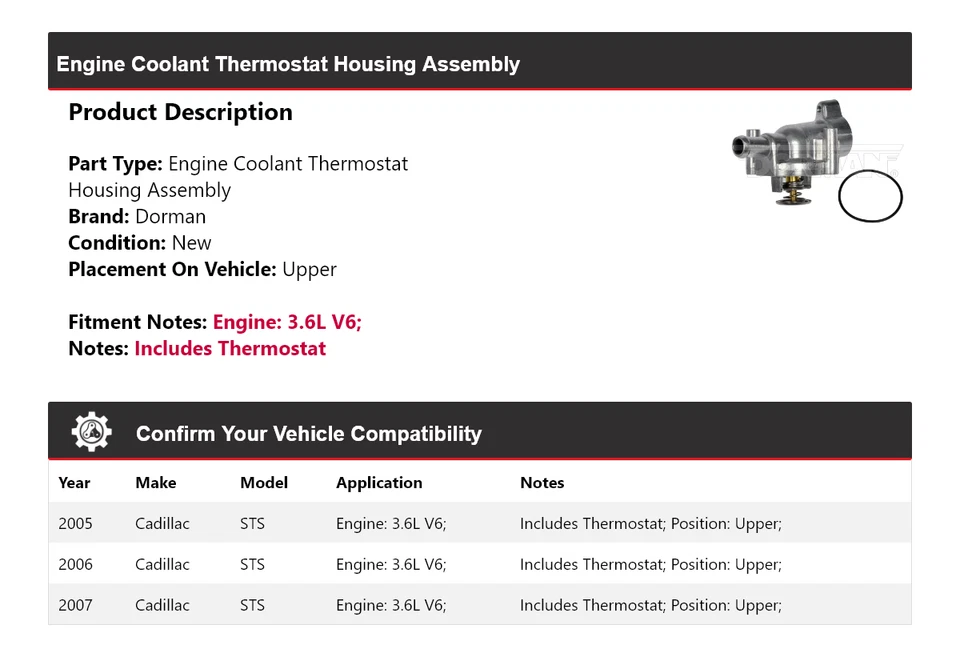 For 2005-2007 Cadillac STS 3.6L V6  Dorman Thermostat Housing Assembly Upper - Image 2 of 4