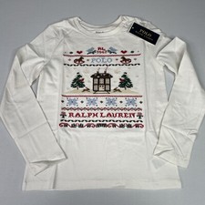 Polo Ralph Lauren Girls Size SMALL 7 White Holiday Print Tee Shirt Long Sleeve