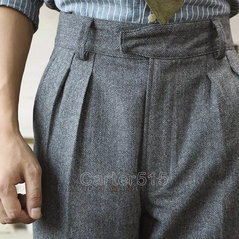 Men Wool Gurkha Pants High-waisted Herringbone Vintage Loose Long Trousers S-4XL