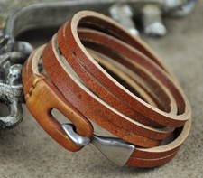 P01 Men's Cool Double Band Multi Wrap Leather Wristband Bracelet OrangeBrown