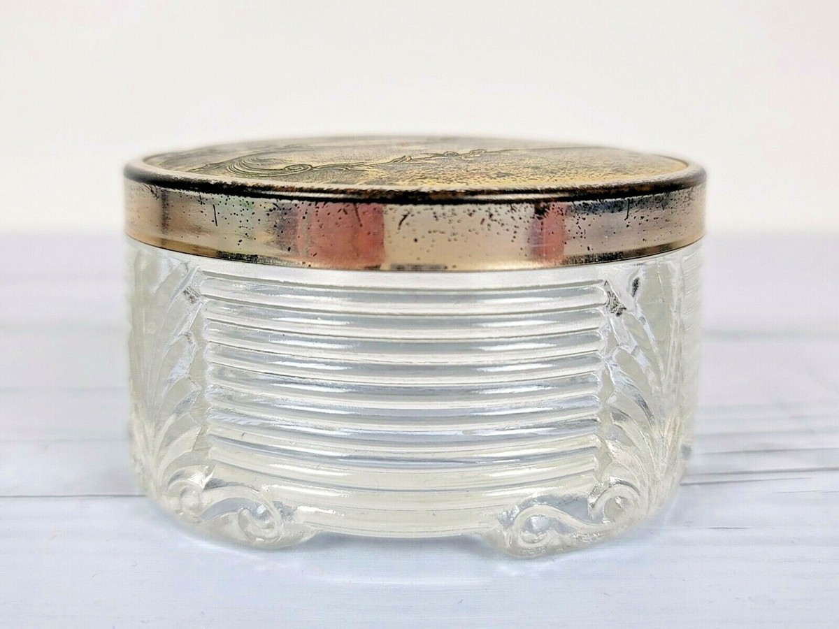Antique Vanity Jar w Metal Lid, Crystal Vanity Jar, Hair Clip - Main Image