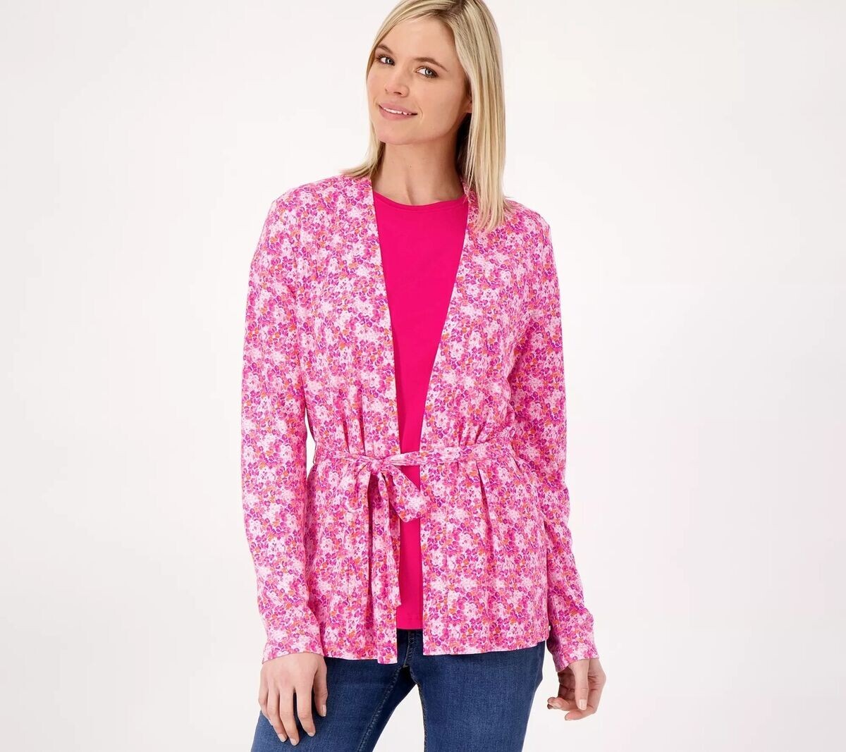 Isaac Mizrahi Live! Printed Swing Cardigan with Side Slits-Red-XL