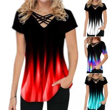 Womens's T-shirt V-Neck Short Sleeve Gradient Blouse Summer Loose Tops Tee Tunic