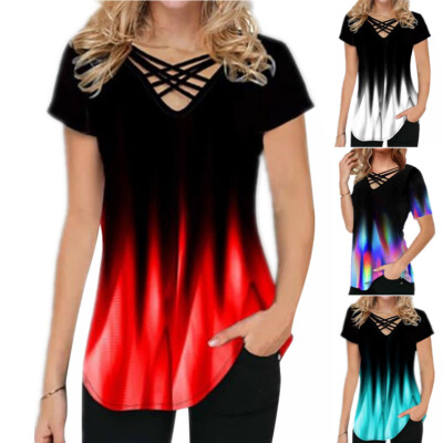 Womens's T-shirt V-Neck Short Sleeve Gradient Blouse Summer Loose Tops Tee Tunic